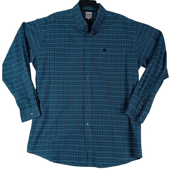 Cinch Western Shirt Mens XXL Turquoise & Navy Plaid Button Down Cowboy Logo - Picture 2 of 10
